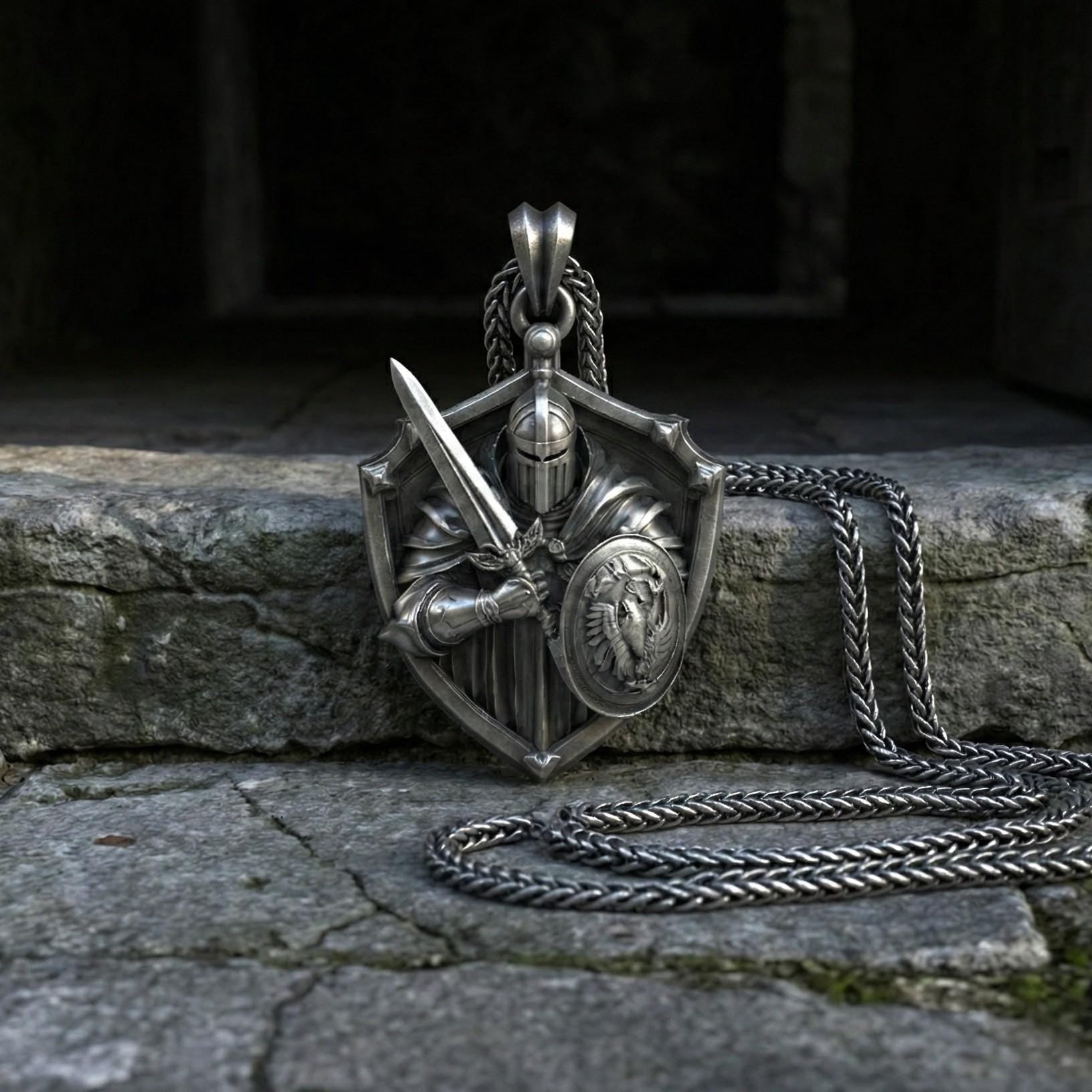 Şövalye Kalkanı Gümüş Kolye Ortaçağ Savaşçı Takısı
