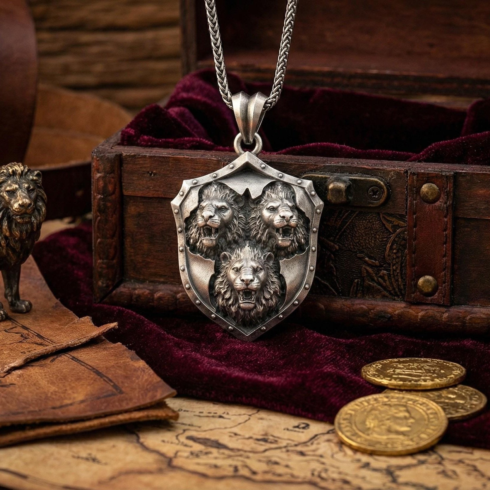 Üç Aslan Kalkan Kolye Ucu Oksitlenmiş Gümüş Takı