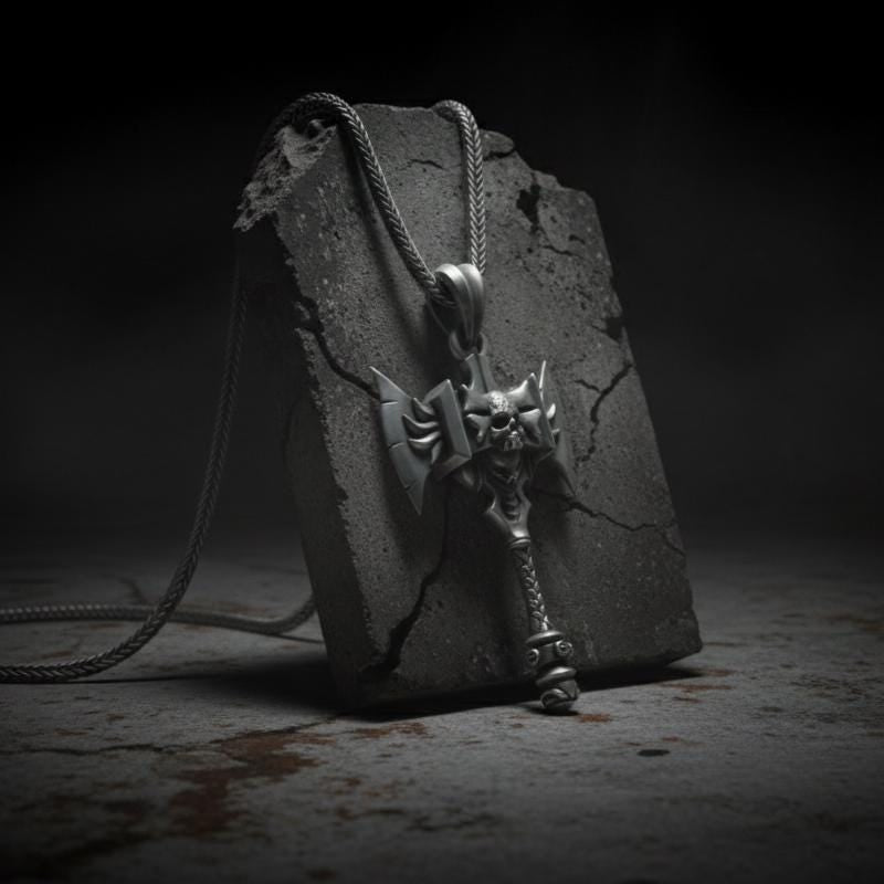 Savaş Baltası Kolye Ucu Oksitlenmiş Gümüş Kafatası Savaşçı Temalı Takı