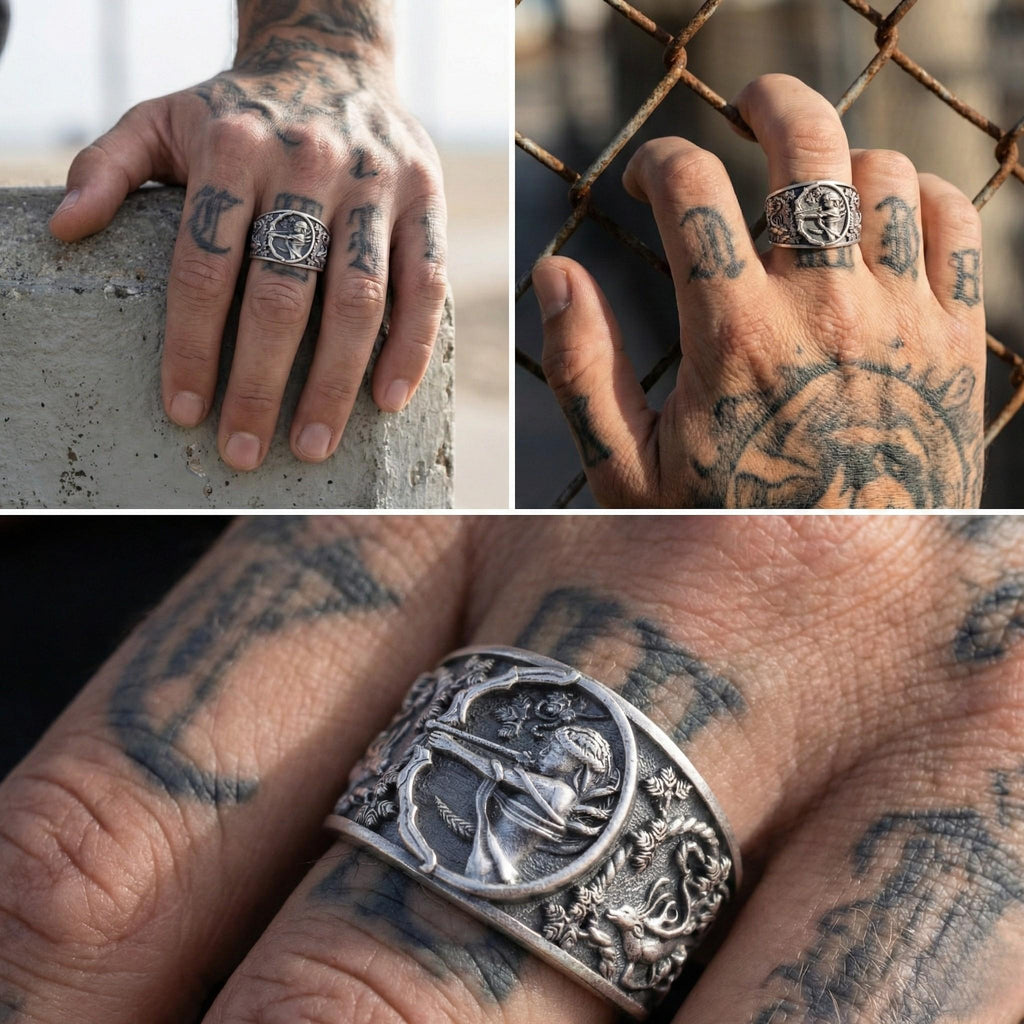 The image is a collage of three photos showing a person's hand with tattoos and a silver ring.