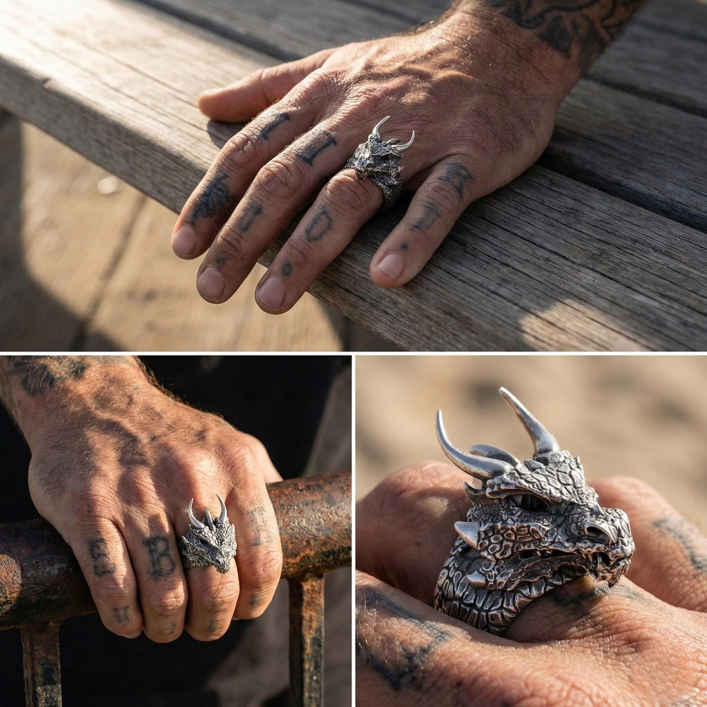 A close-up of a person's hand wearing a unique ring featuring a dragon head design.