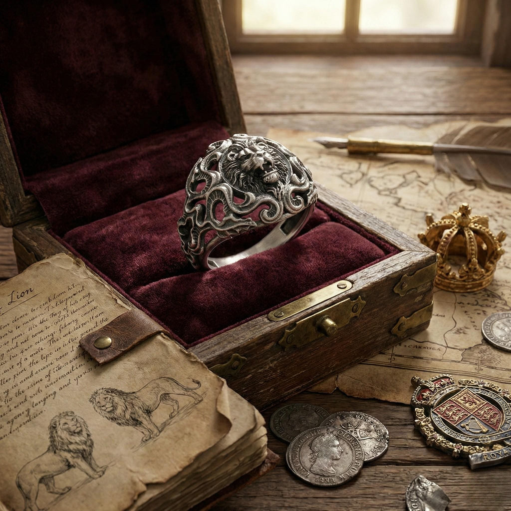 a ring placed in a wooden box, surrounded by various objects such as a map, a book, and coins.