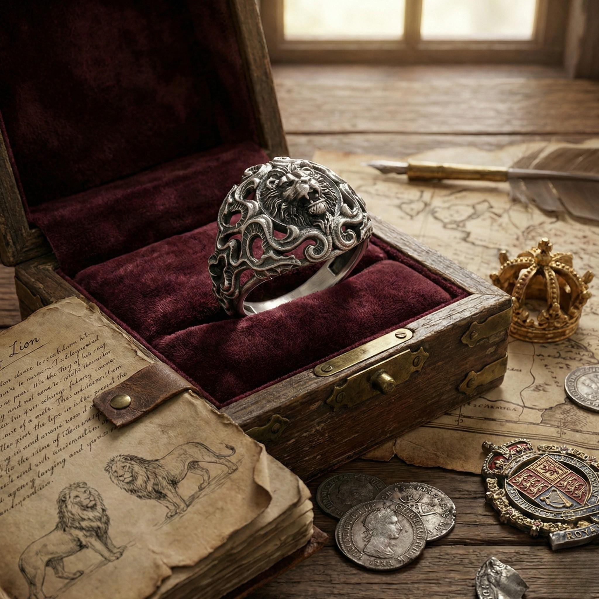 a ring placed in a wooden box, surrounded by various objects such as a map, a book, and coins.