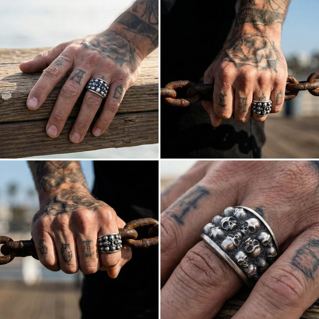 The image is a collage of four photos showing a person's hands wearing various rings, including a large ring with skulls on it.