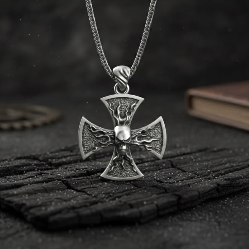 Oksitlenmiş Gümüş Kafatası Haç Kolye Gotik Alev Desenli Gösterişli Takı
