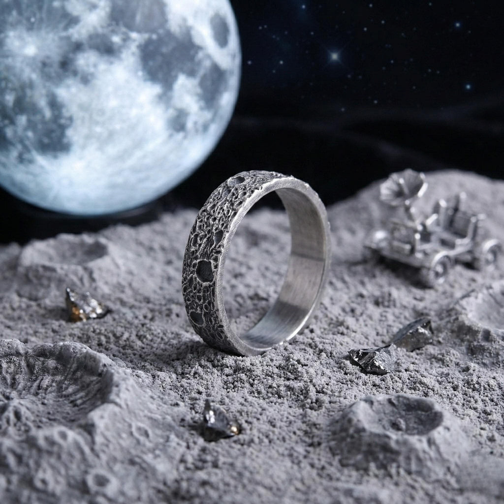 A silver ring with a moon-like design sits on a rocky surface, with a full moon visible in the background and a toy spacecraft nearby.
