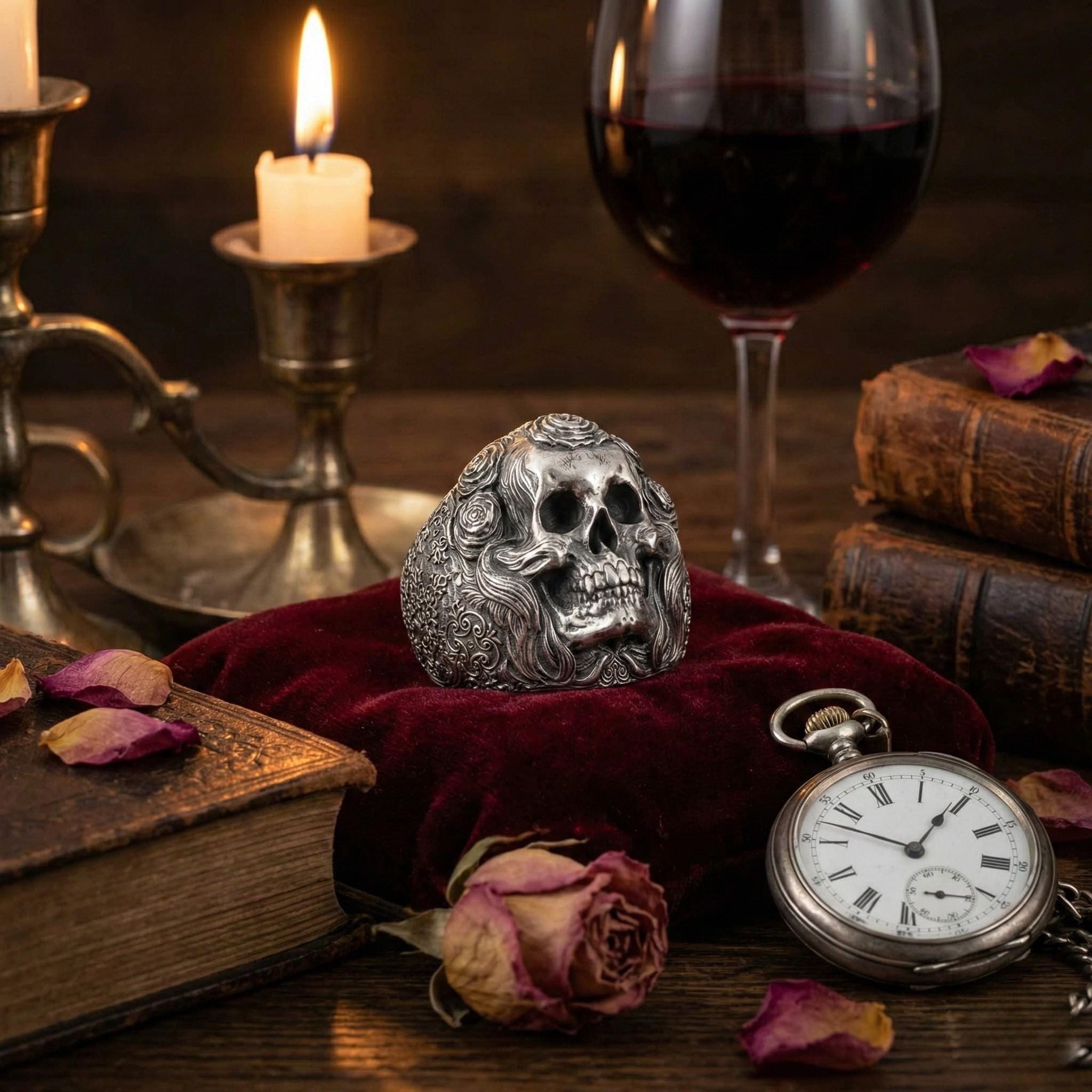 a skull ring, a candle, a wine glass, and a pocket watch arranged on a wooden surface, with some rose petals scattered around.