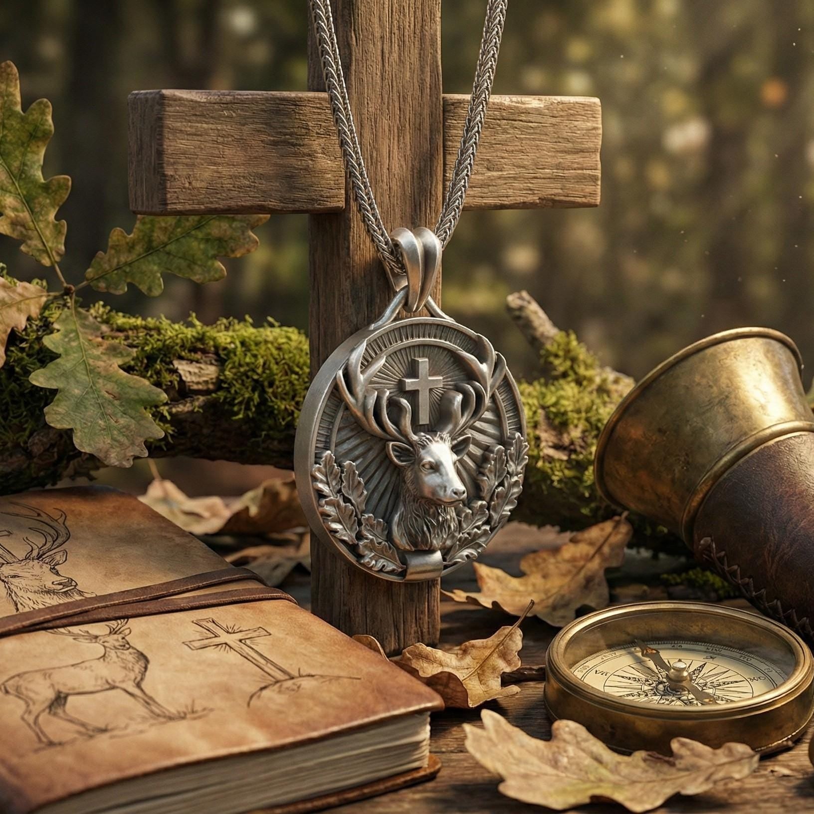 Aziz Hubertus Geyik Kolye Ucu Oksitlenmiş Gümüş Hristiyan Avcılık Sembolü Takı