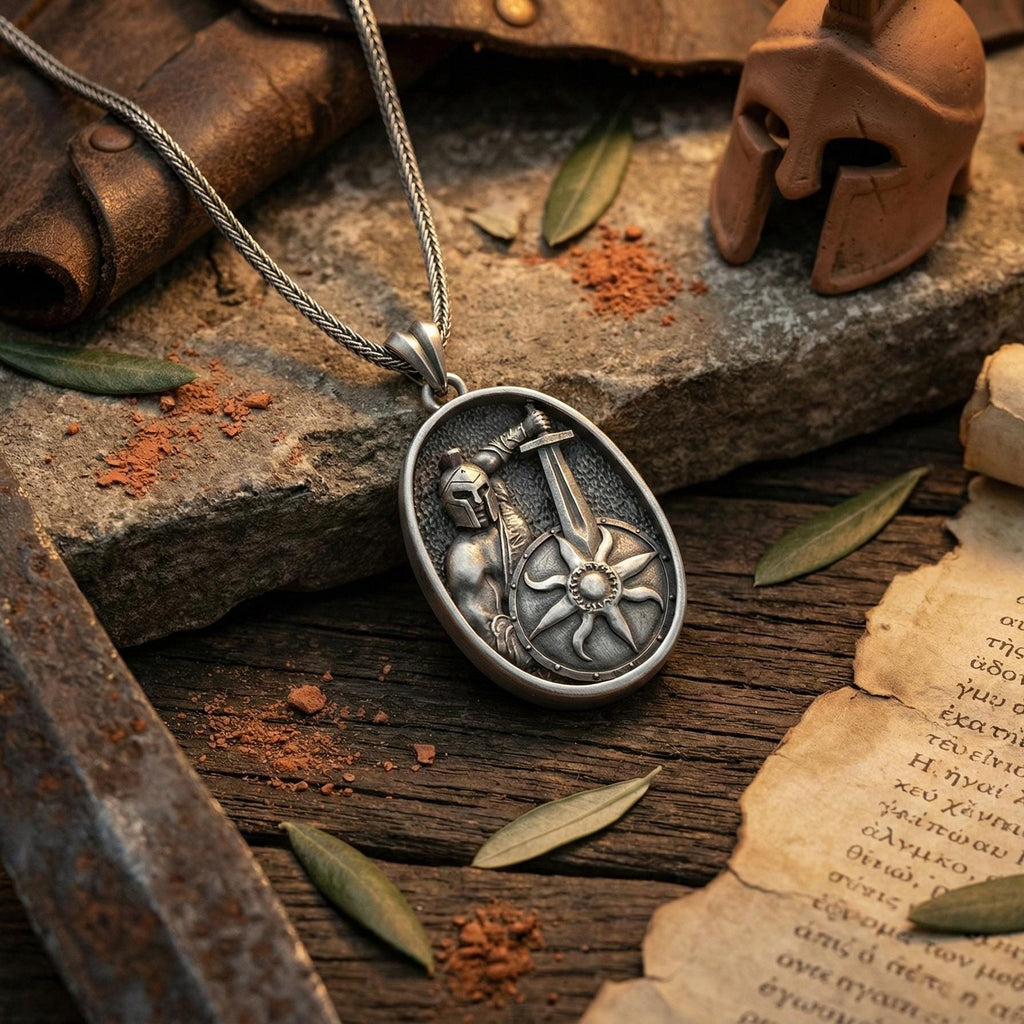 Roma Gladyatör Kolye Ucu Oksitlenmiş Gümüş Savaşçı Kalkanı Şeklinde Takı