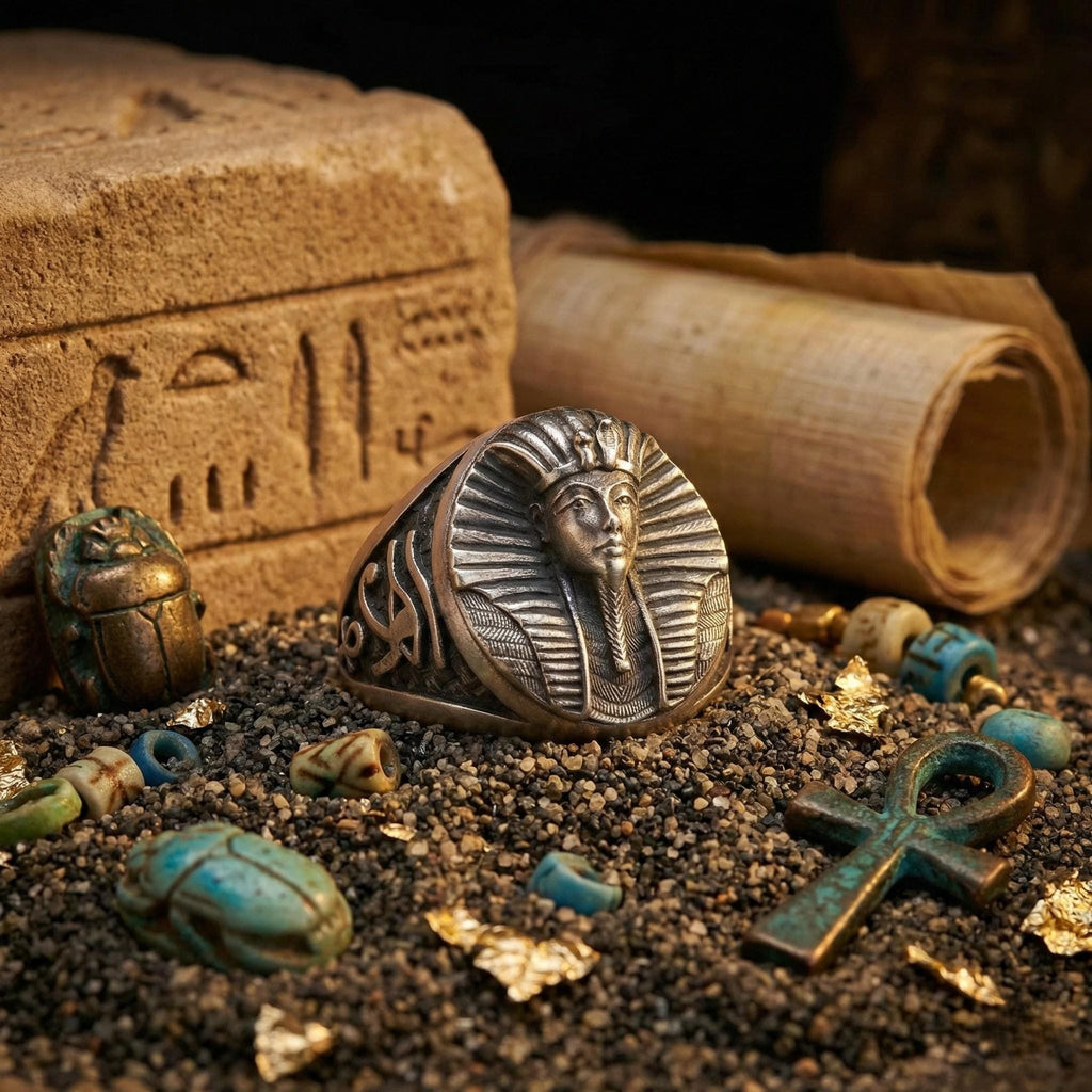an ancient Egyptian artifact, including a ring with a pharaoh's head design, surrounded by various Egyptian-themed objects such as a scroll, a mummy, and a cross.