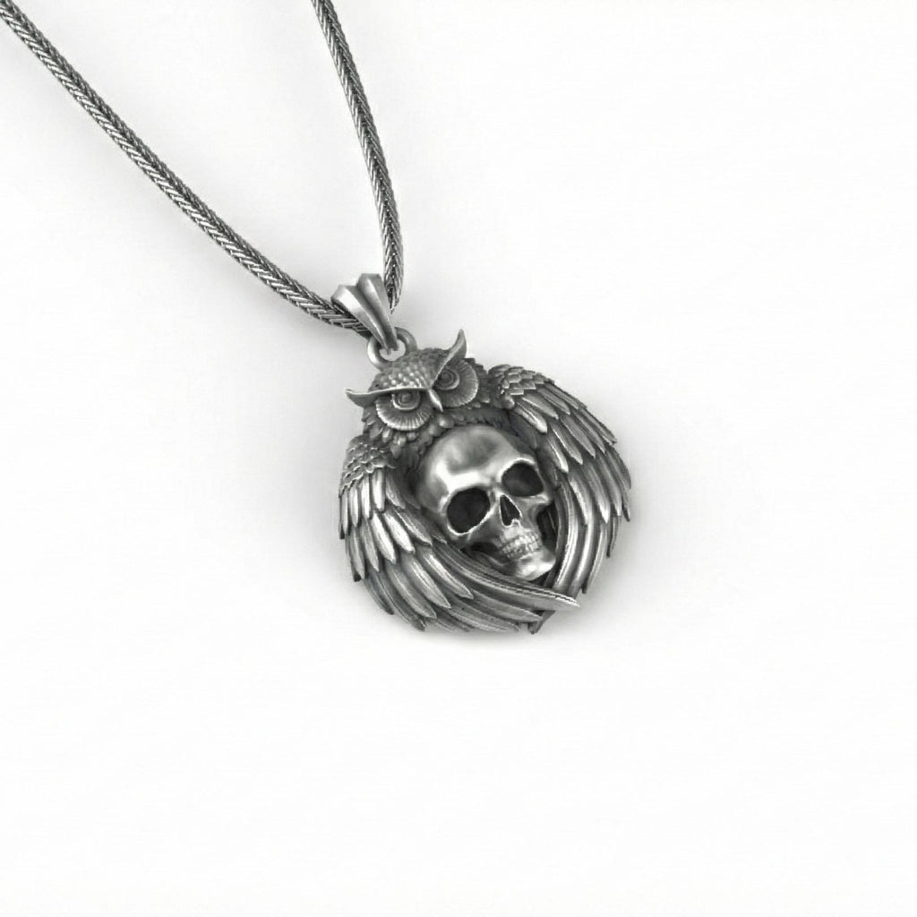 Baykuş Kafatası Kolye Ucu, Oksitlenmiş Gümüş, Gotik Bilgelik Temalı Takı