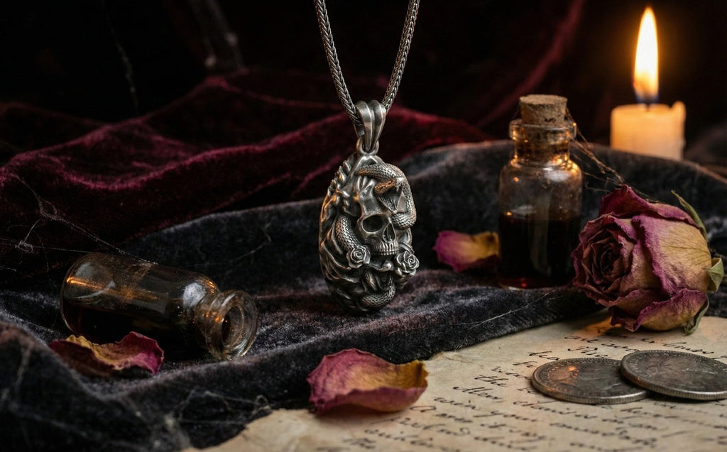 Gümüş Yılan Ve Kafatası Kolye Gotik Tak