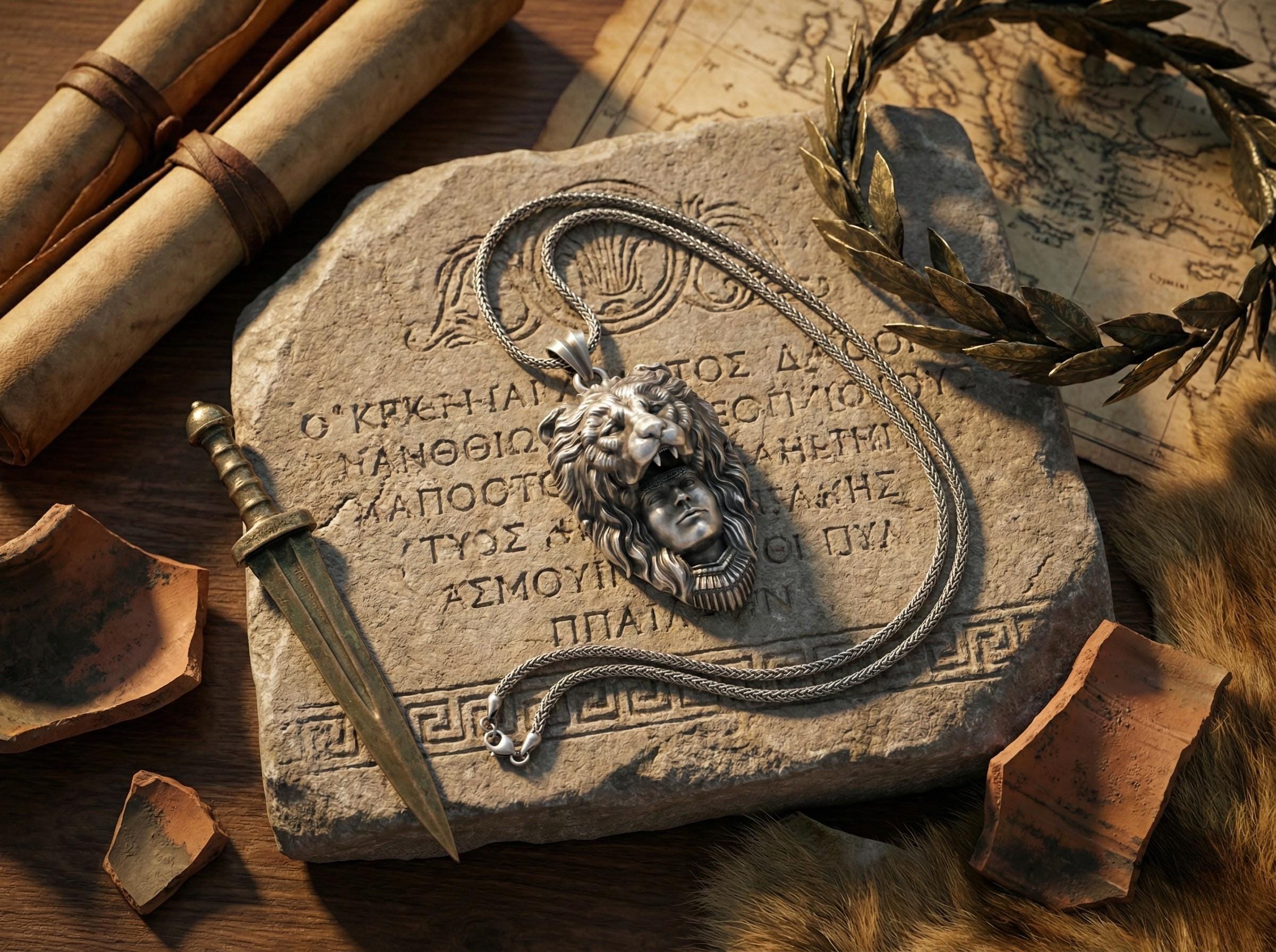 Aslan Başı Takan Avcı Kolye Gümüş Savaşçı Temalı Takı