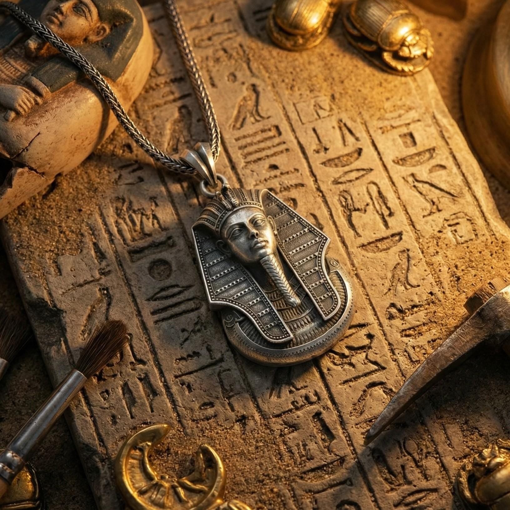 Mısır Firavunu Kolye Ucu, Oksitlenmiş Gümüş Antik Mısır Temalı Takı