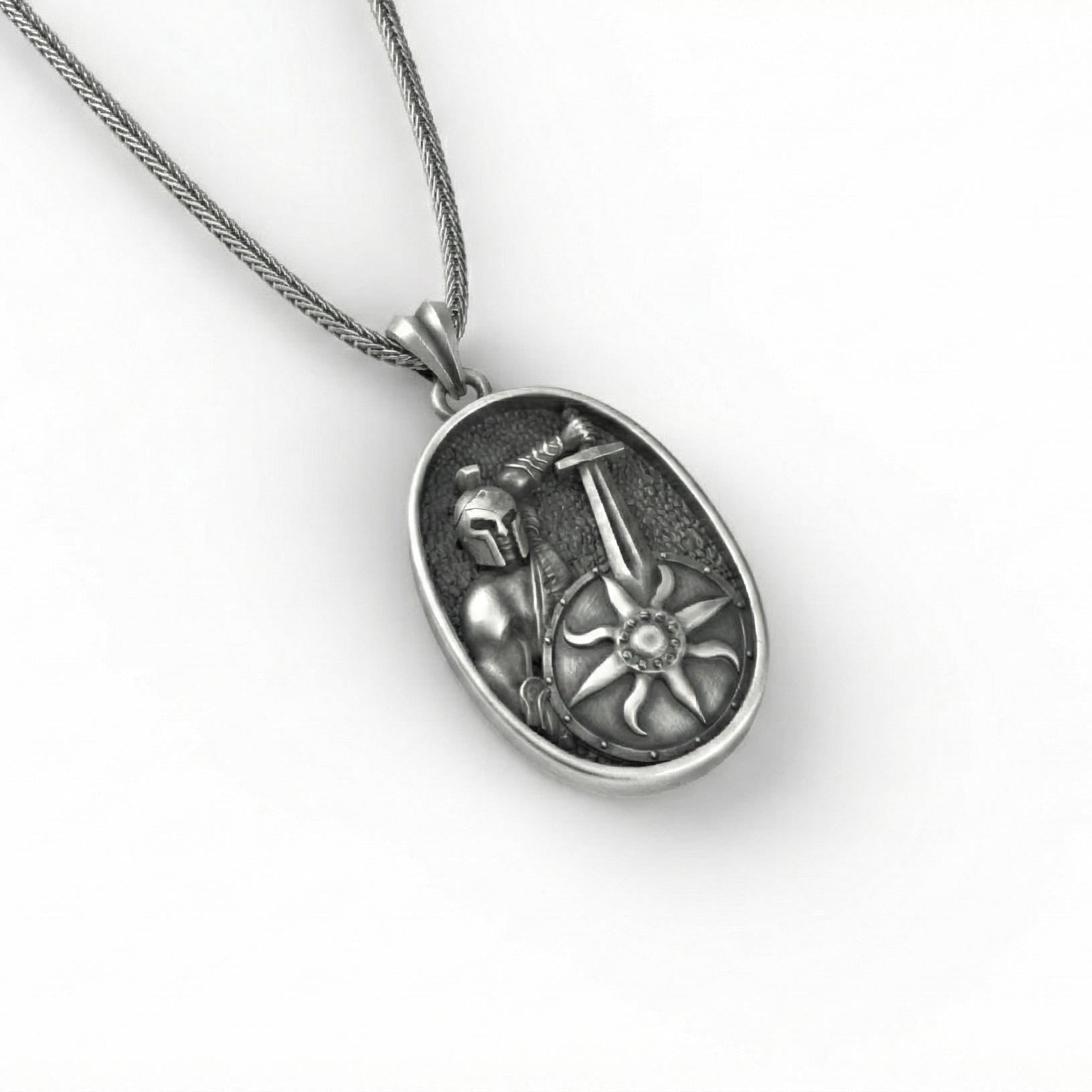 Roma Gladyatör Kolye Ucu Oksitlenmiş Gümüş Savaşçı Kalkanı Şeklinde Takı