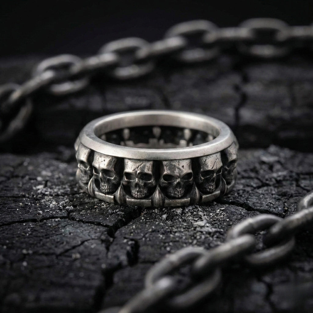 A silver ring with a skull design sits on a cracked, dark surface, with a chain visible in the background.