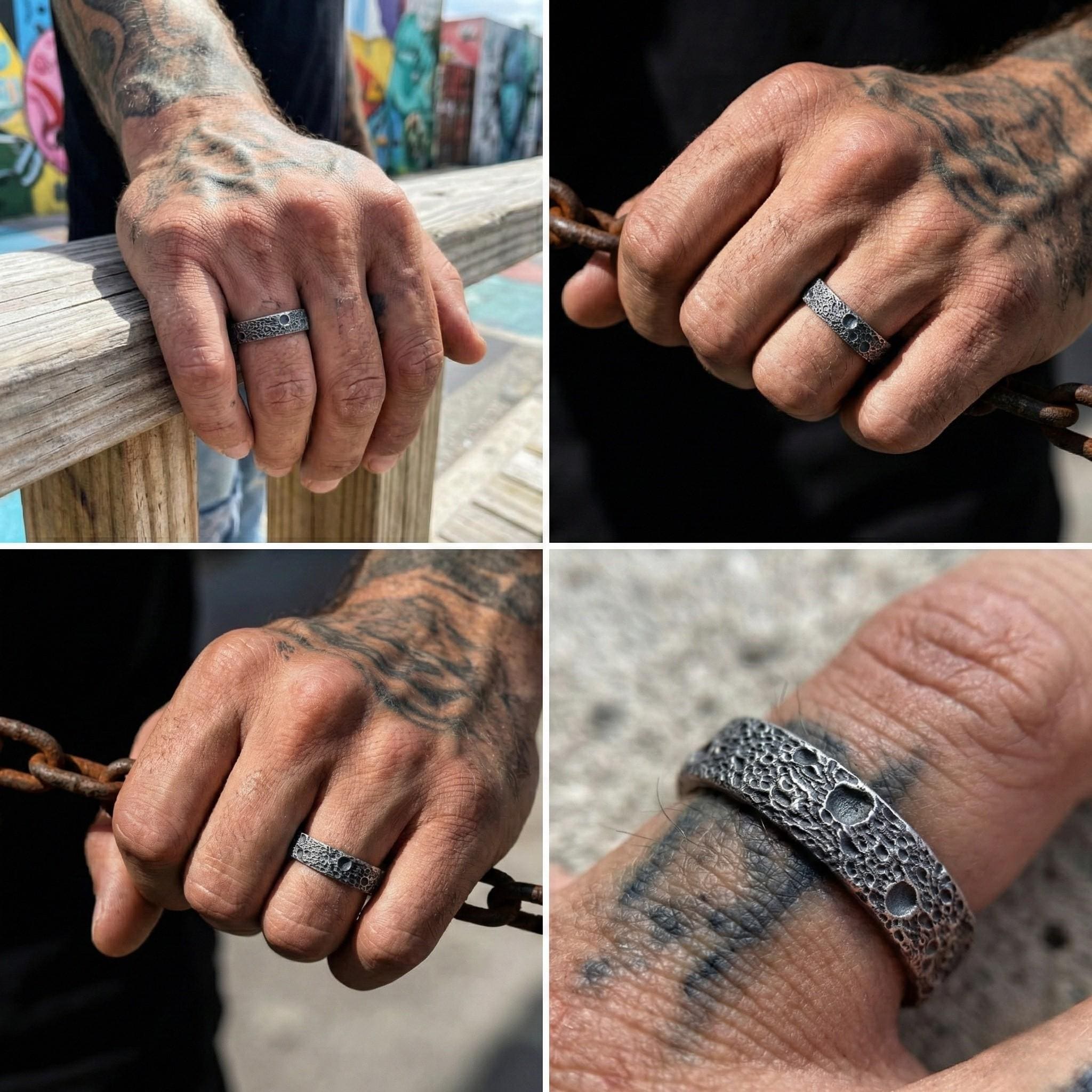 The image is a collage of four photos showing a person's hand wearing a ring, with the focus on the ring and the person's tattooed hand.