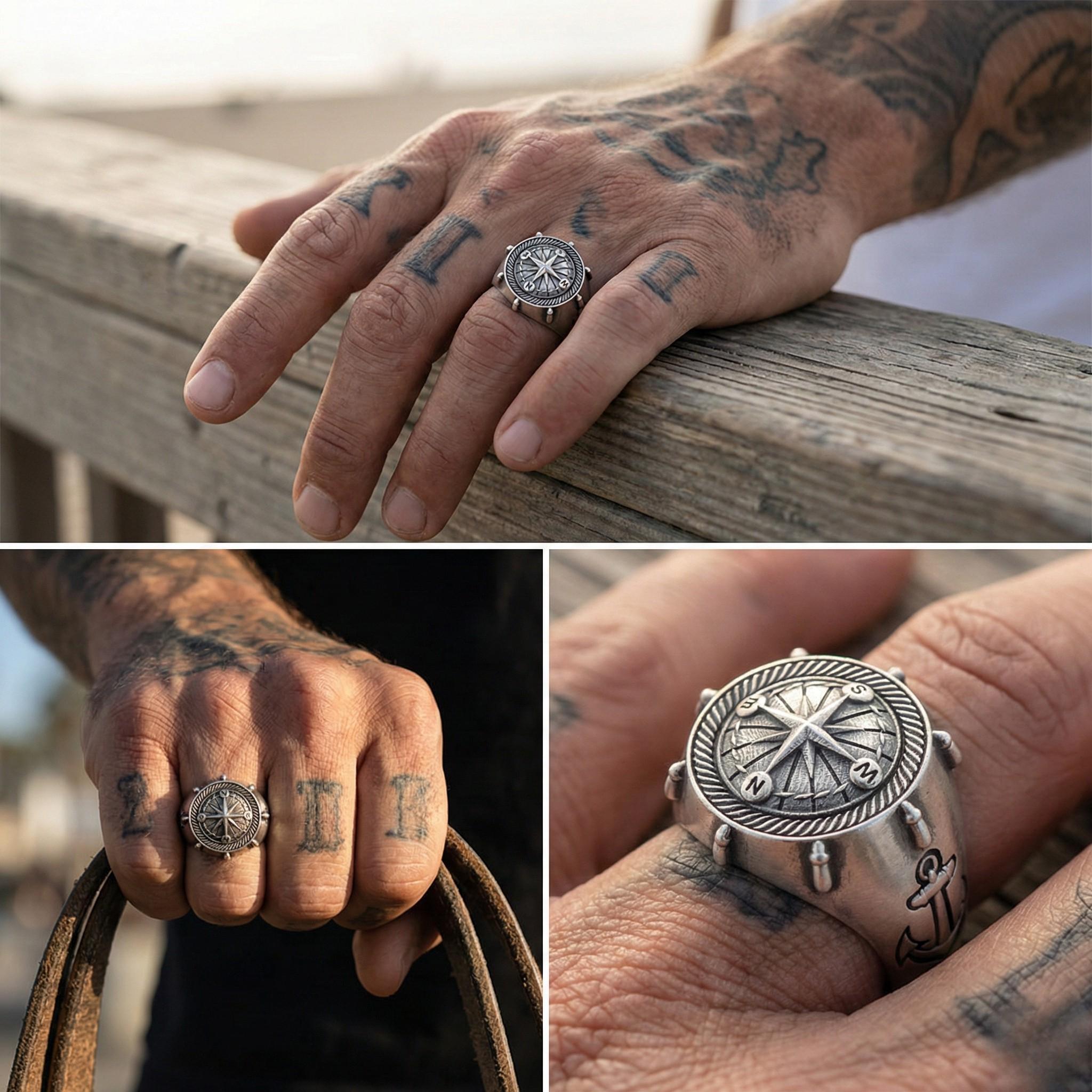 The image is a collage of three photos showing a person's hand wearing a silver compass ring, with tattoos visible on the hand.