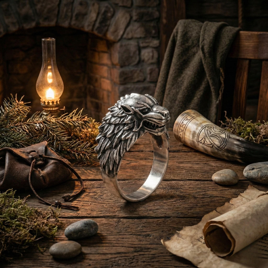 a silver ring with a wolf head design, a lantern, a leather bag, a scroll, and some rocks on a wooden surface.