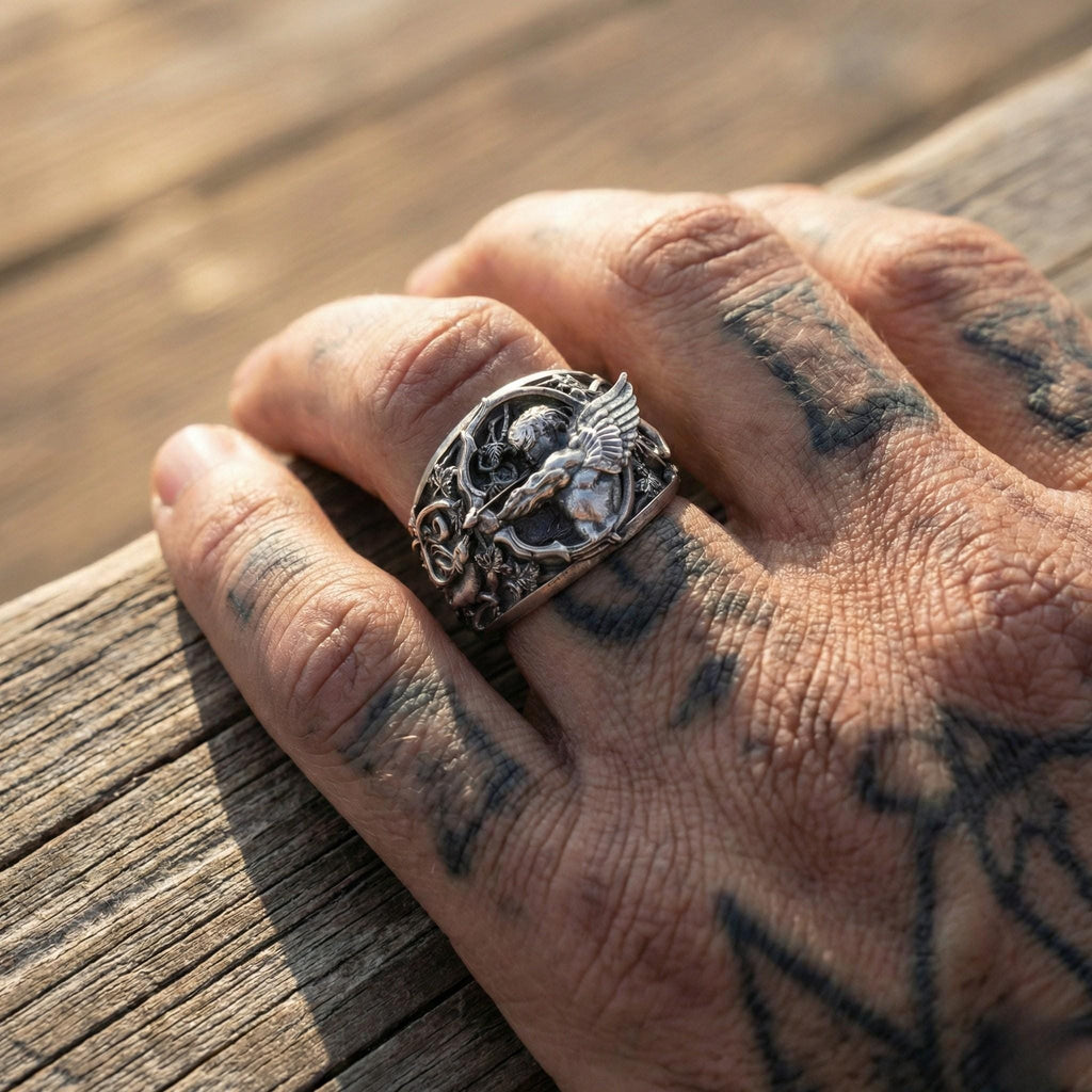 A close-up image of a person's hand wearing a silver ring with an intricate design.