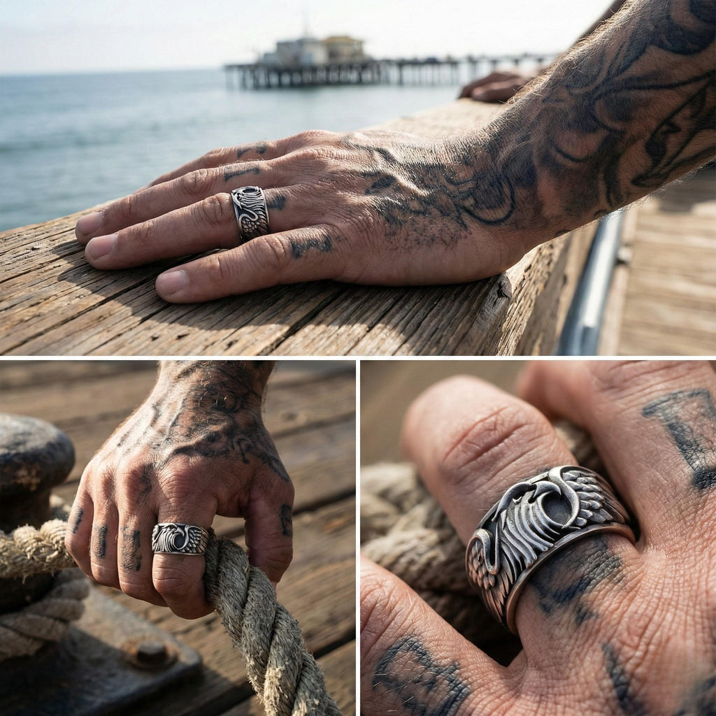 A close-up of a person's hand wearing a silver ring, with a wooden dock and pier in the background.