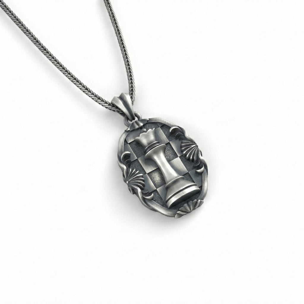 Antik Gümüş Satranç Vezir Kolye Ortaçağ Strateji Sembolü Takı