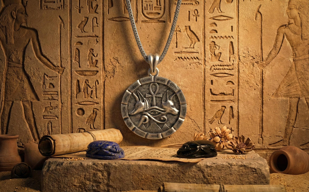 Antik Gümüş Anubis Ankh Horus'un Gözü Kolye Mısır Titolojisi Takı