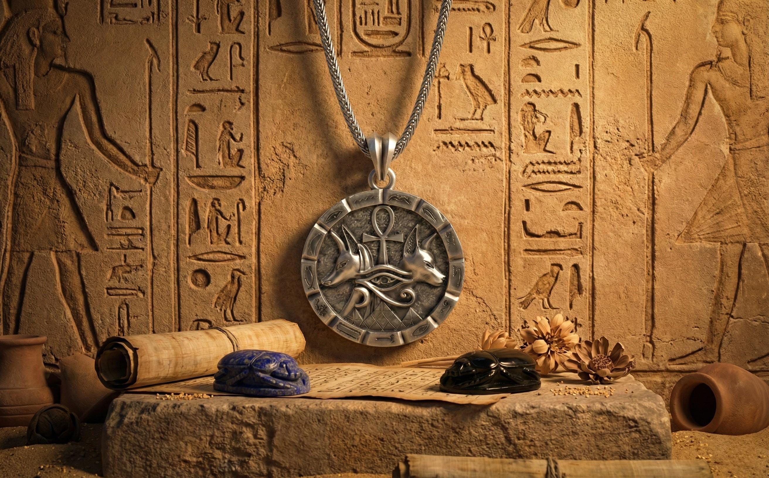 Antik Gümüş Anubis Ankh Horus'un Gözü Kolye Mısır Titolojisi Takı