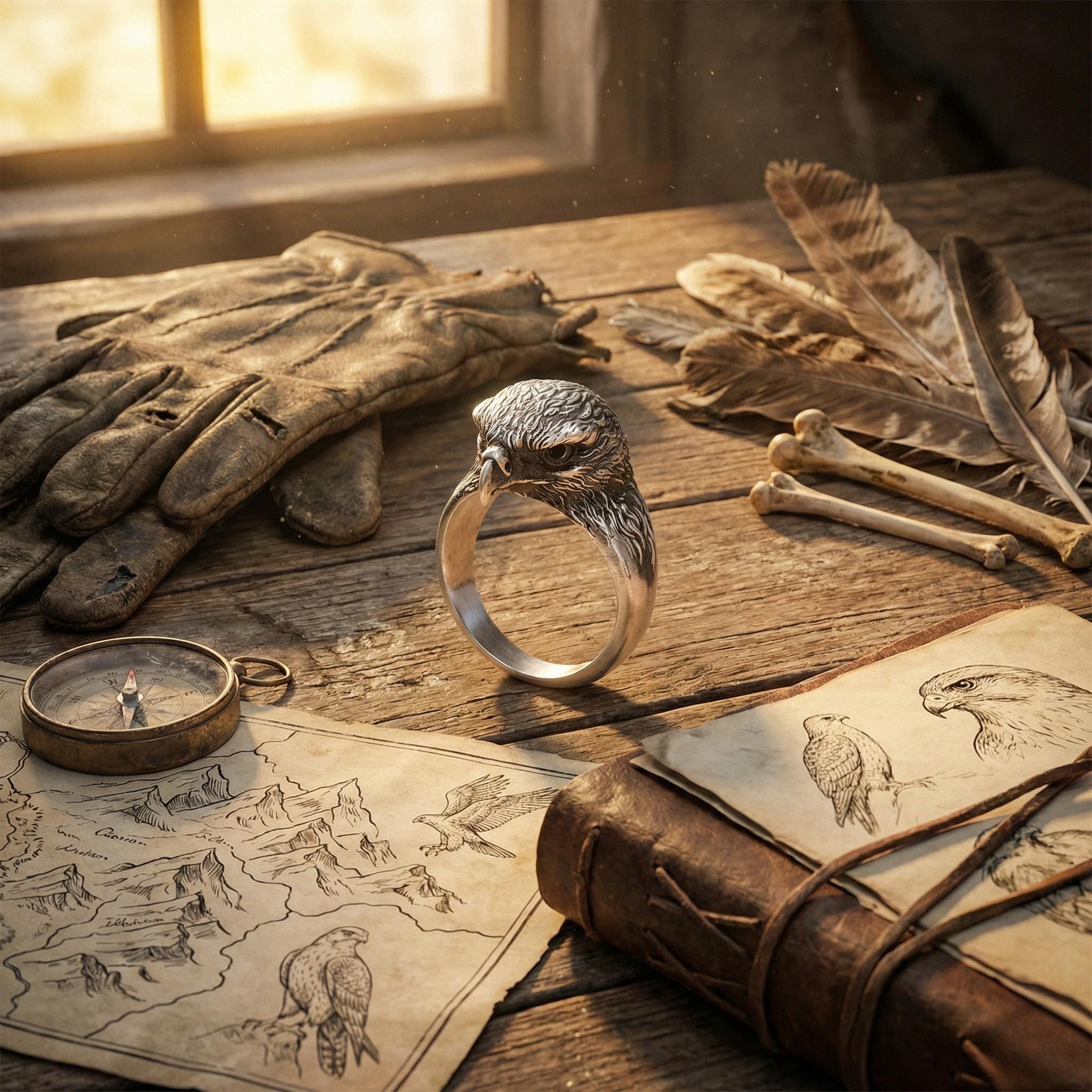 a ring with a bird head design, a compass, a map, and some feathers and bones arranged on a wooden surface.