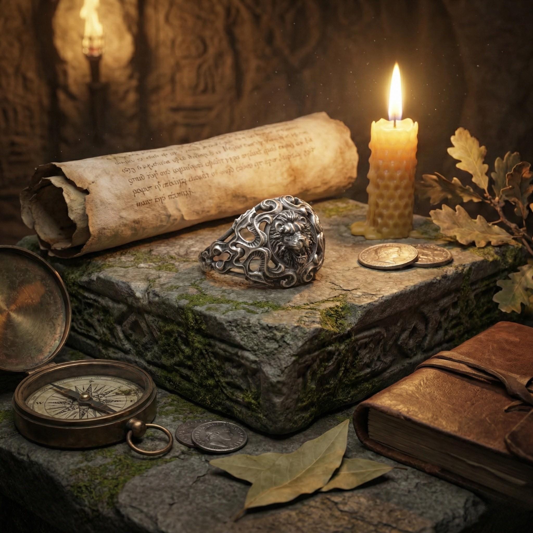 a collection of antique items, including a candle, a ring, a compass, and a book, all arranged on a stone surface.