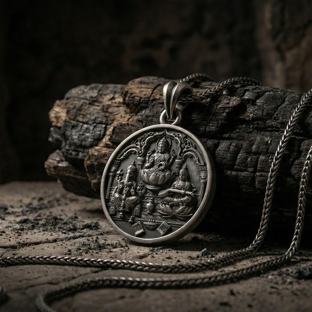 Lakshmi Ganesh Saraswati Kolyesi Oksitlenmiş Gümüş Hindu Takısı