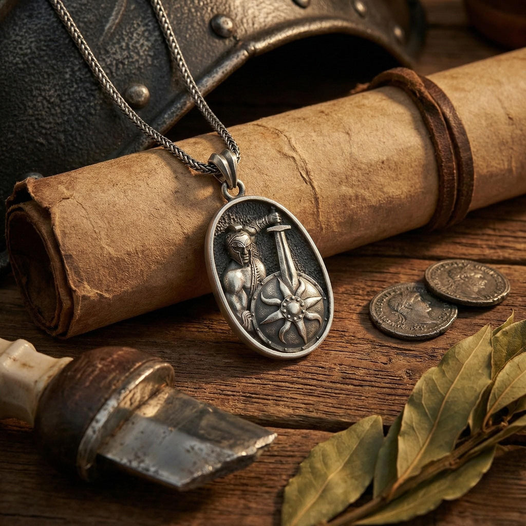 Roma Gladyatör Kolye Ucu Oksitlenmiş Gümüş Savaşçı Kalkanı Şeklinde Takı