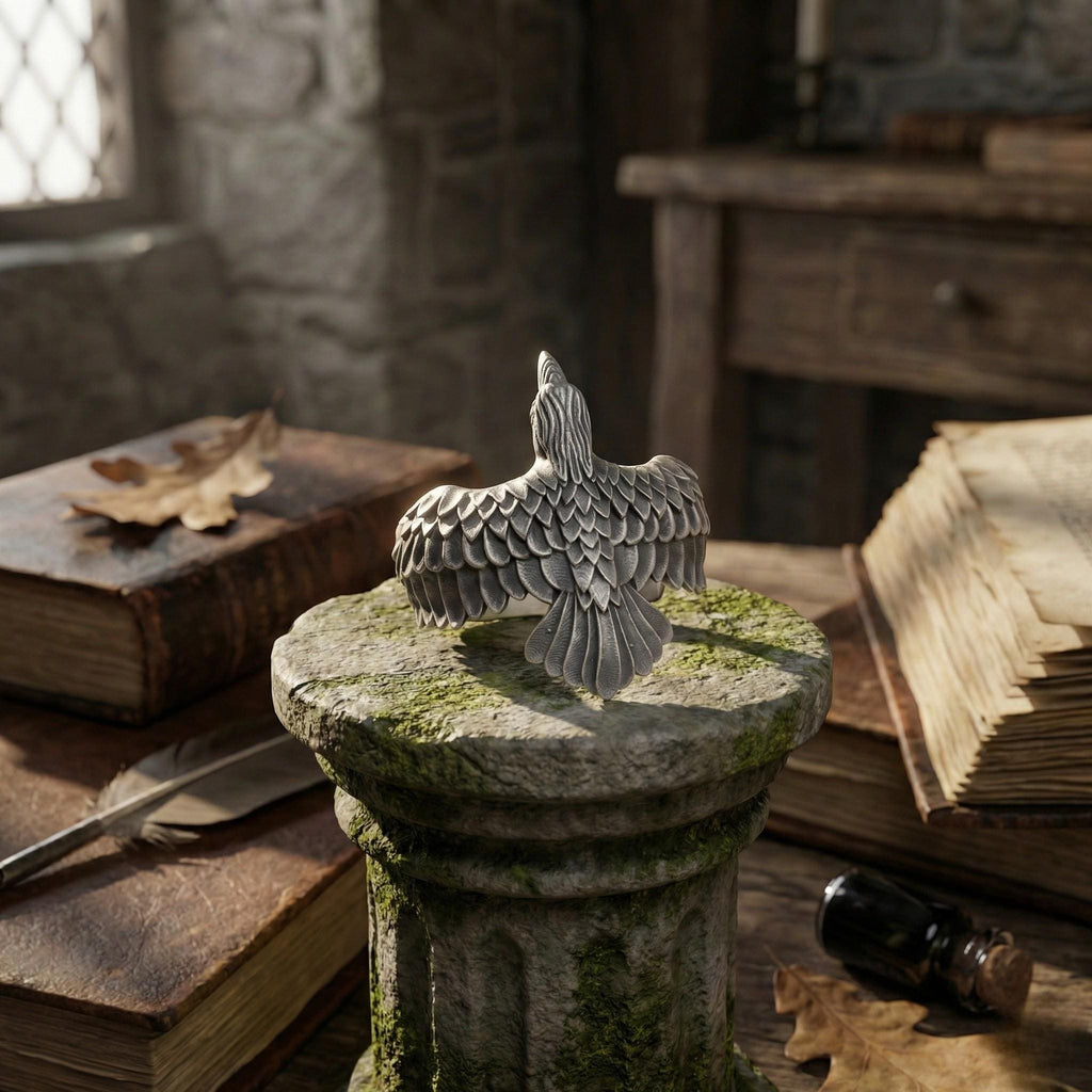 a stone pedestal with a bird sculpture perched on top, surrounded by old books, a feather, and a bottle.