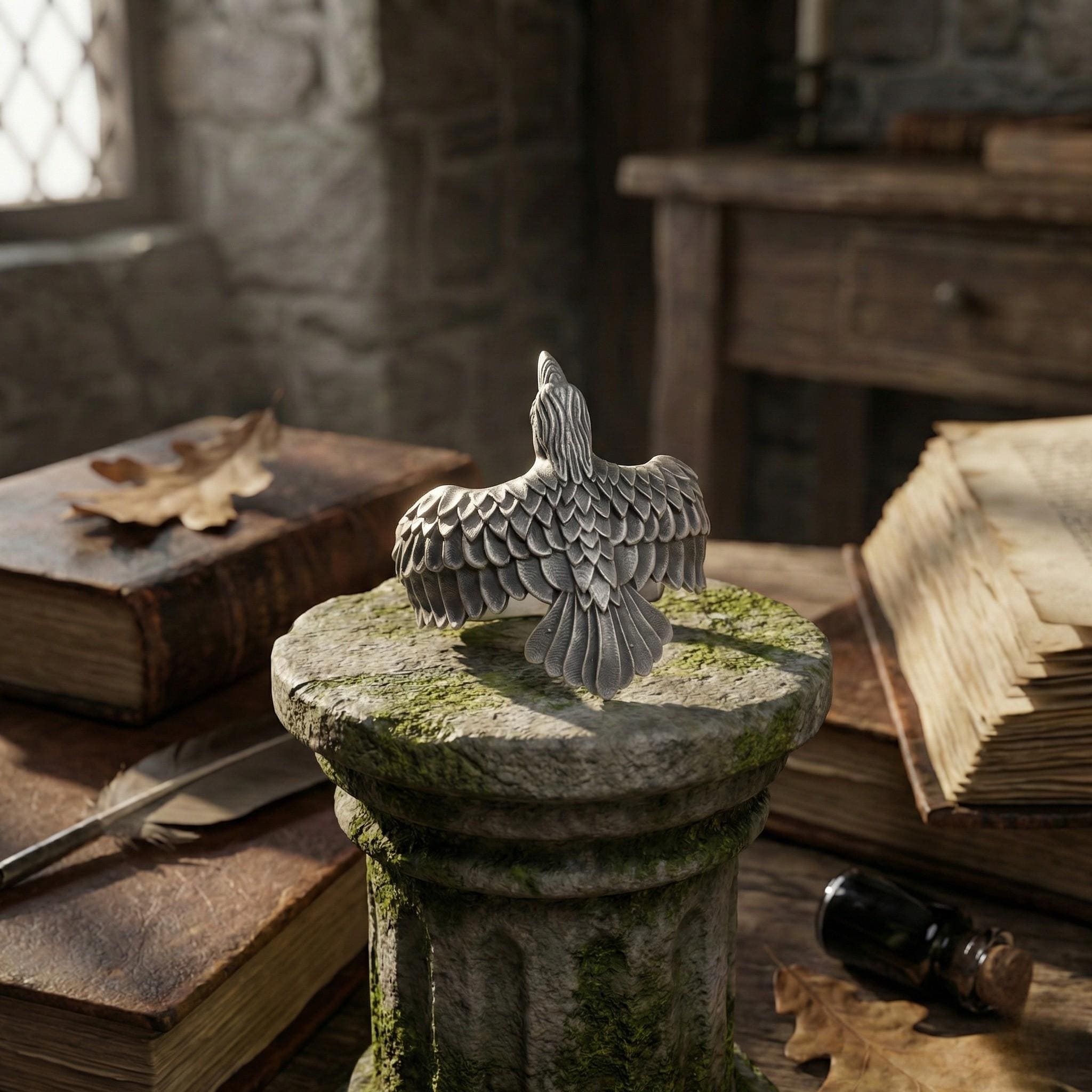 a stone pedestal with a bird sculpture perched on top, surrounded by old books, a feather, and a bottle.