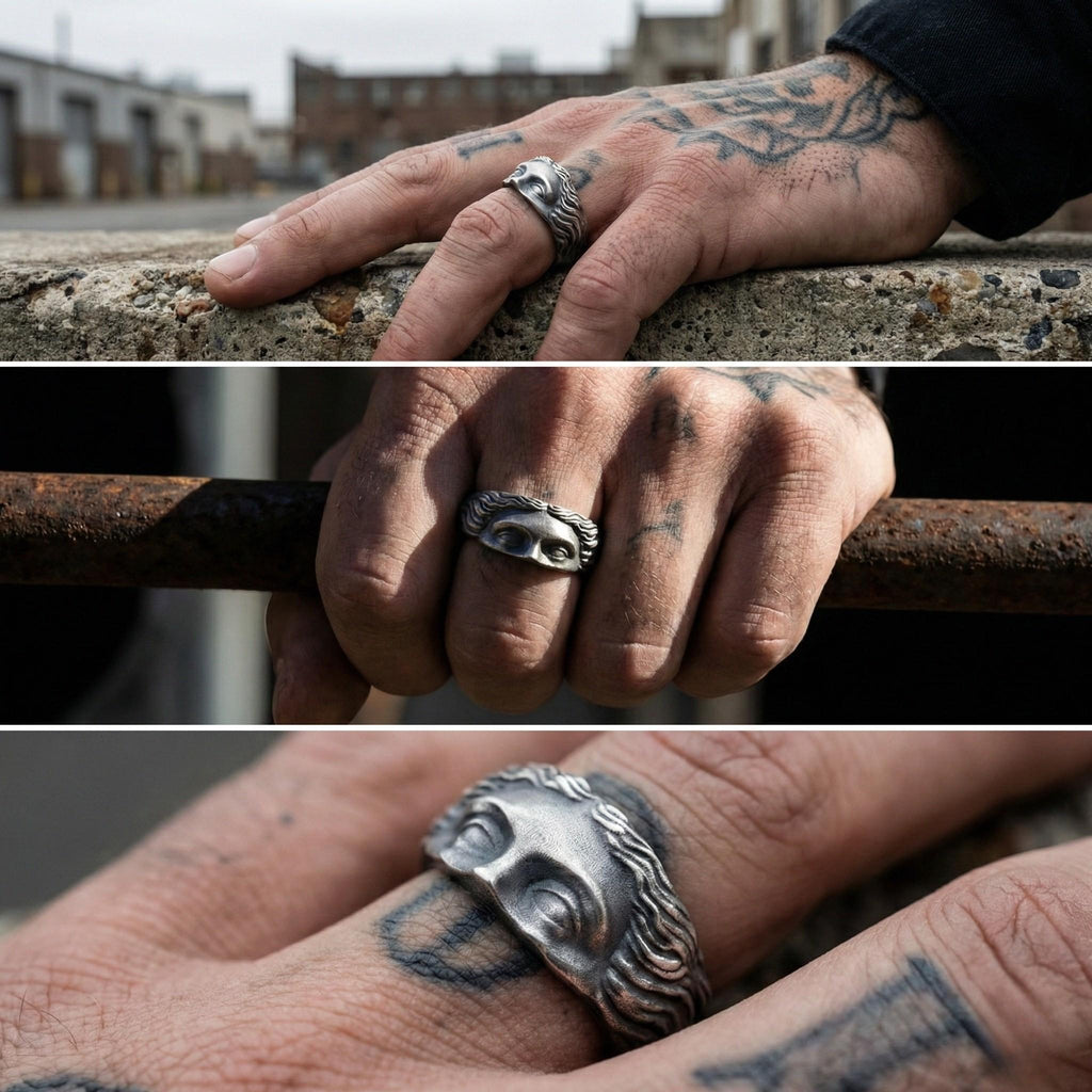 A close-up of a person's hand wearing a unique ring with an eye design, with a tattoo visible on the hand.