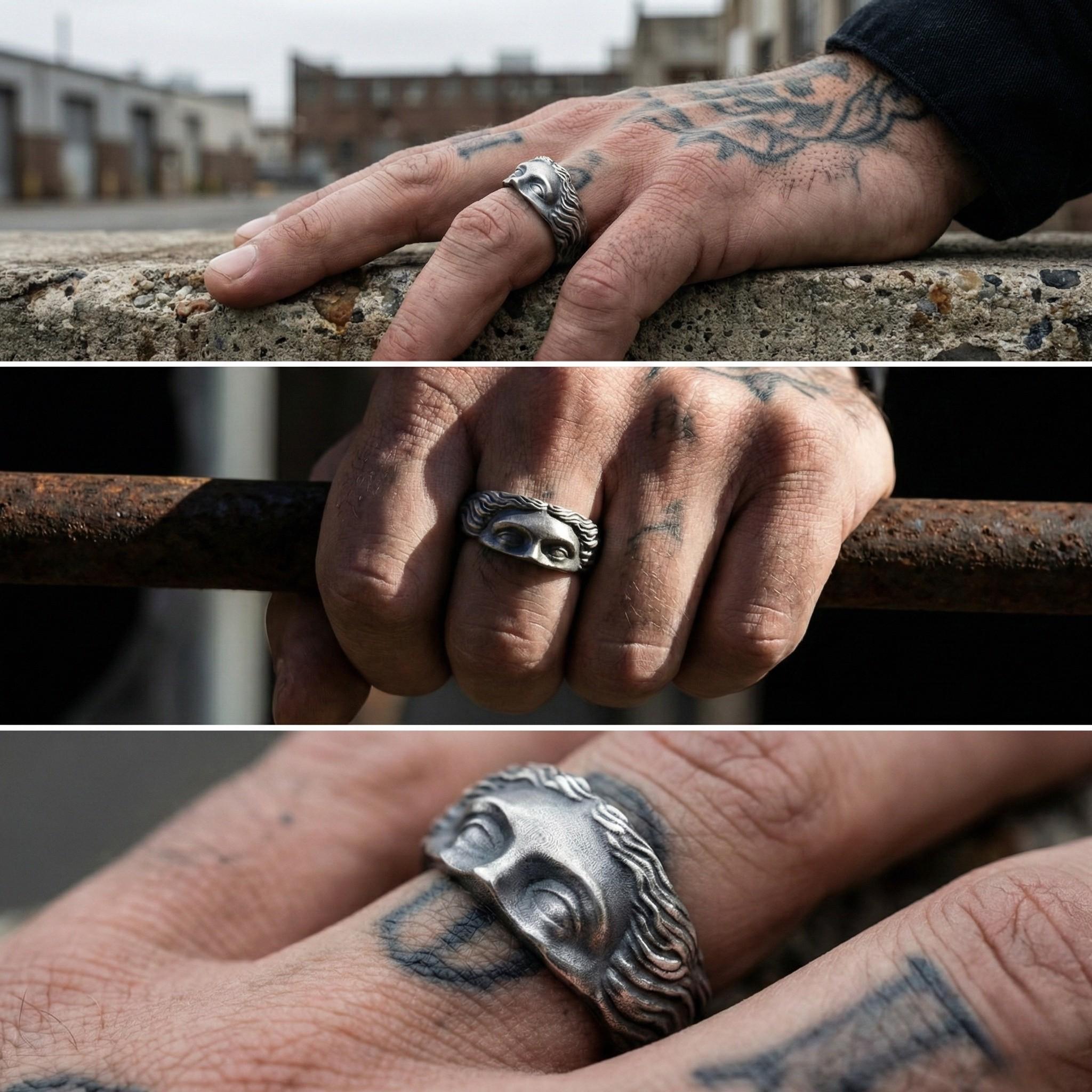 A close-up of a person's hand wearing a unique ring with an eye design, with a tattoo visible on the hand.