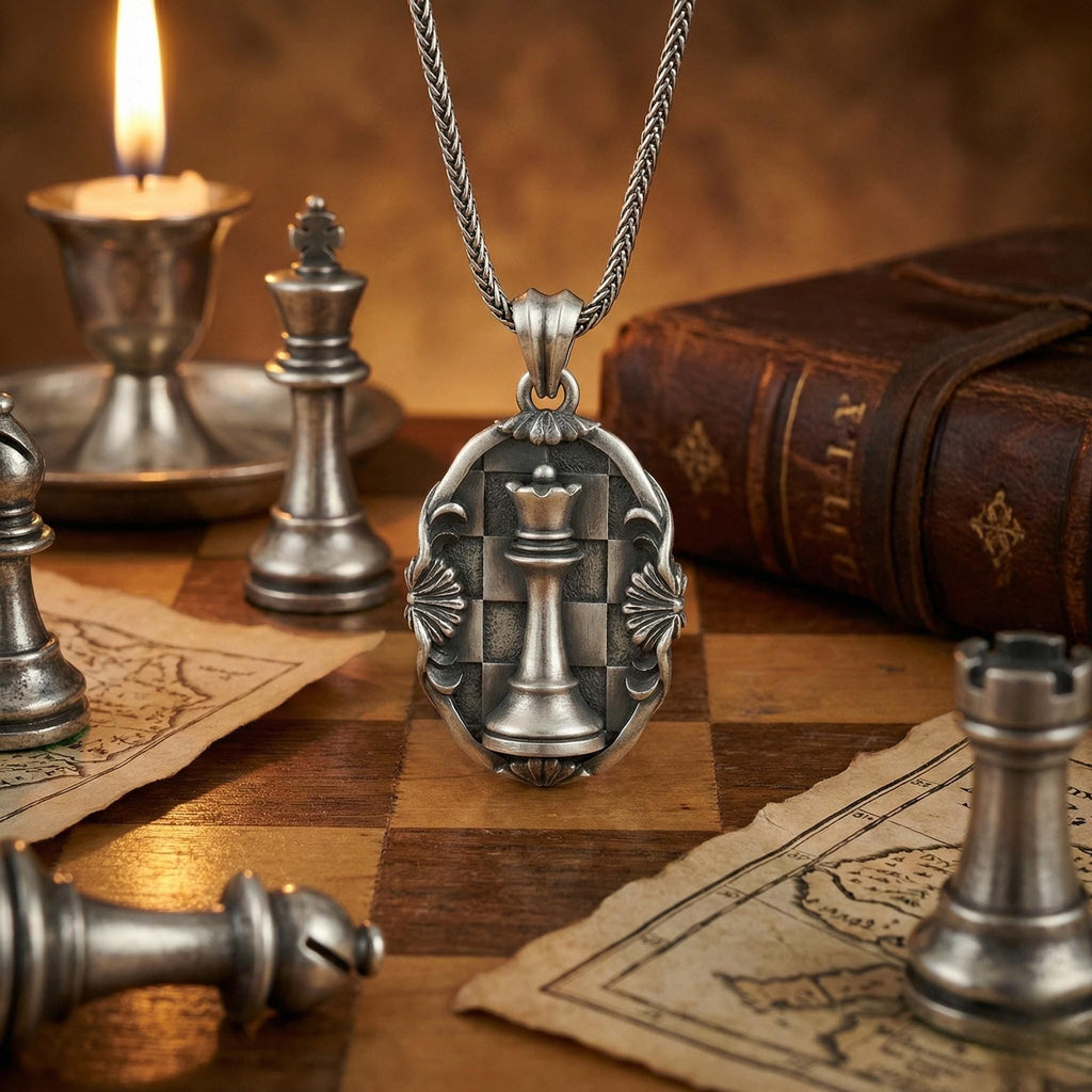 Antik Gümüş Satranç Vezir Kolye Ortaçağ Strateji Sembolü Takı