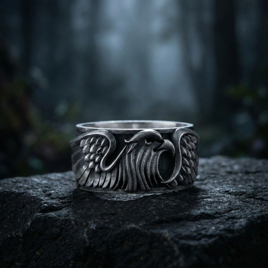 A silver ring with an intricate design featuring a winged eagle or bird-like figure, set against a dark, blurred background.