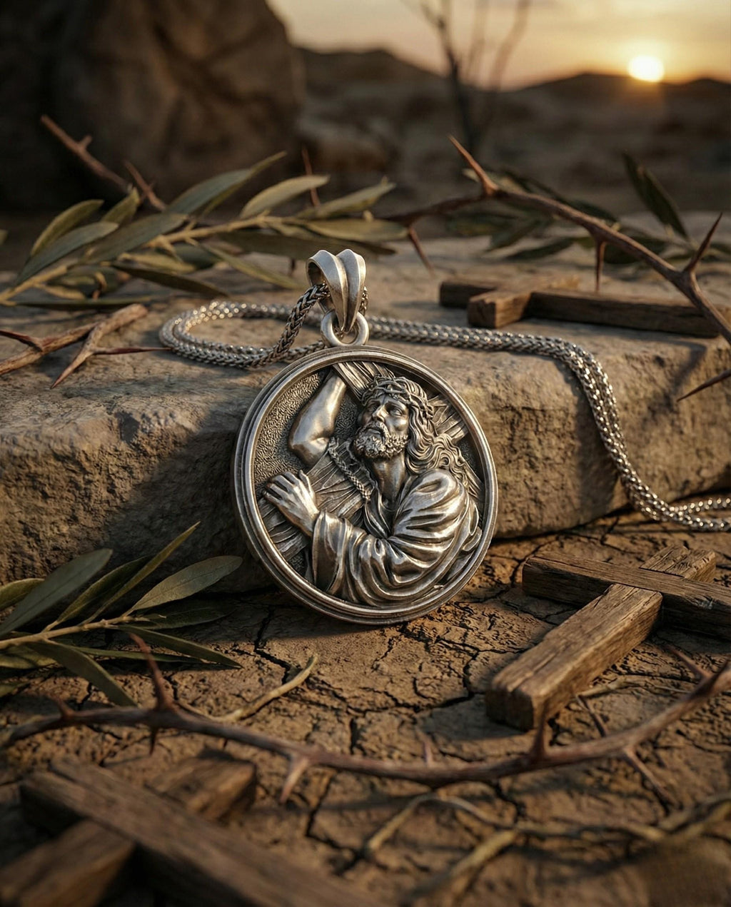 Antik Gümüş İsa'nın Çarmıh Taşıdığı Kolye Ucu Hristiyan Madalyon Takı