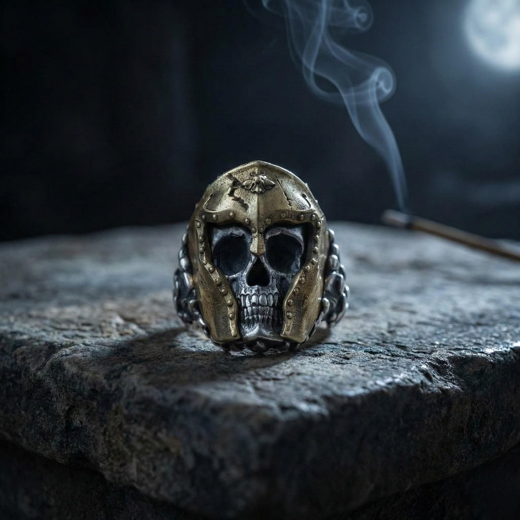 A ring with a skull design sits on a stone surface, with smoke rising from it.