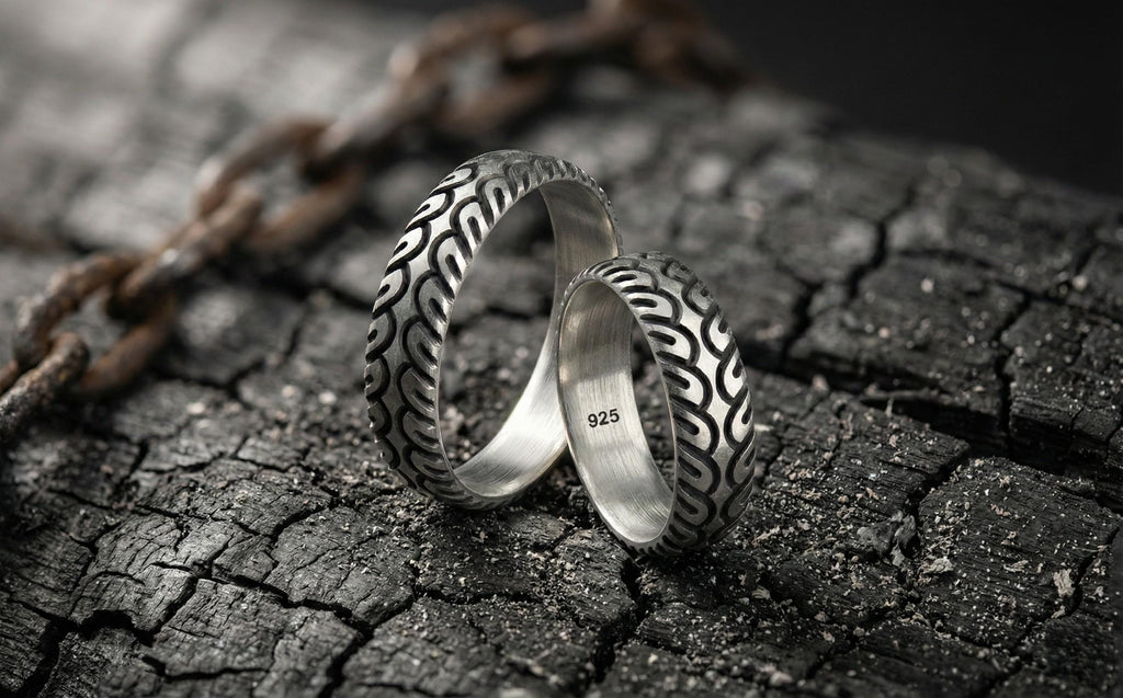 925 Ayar Gümüş Arazi Lastiği Desenli Unisex Yüzük