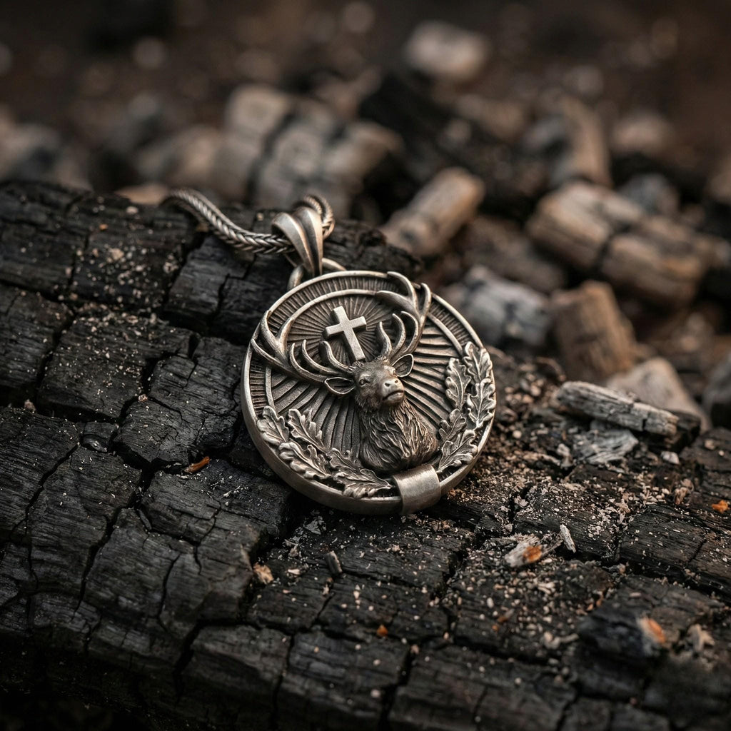 Aziz Hubertus Geyik Kolye Ucu Oksitlenmiş Gümüş Hristiyan Avcılık Sembolü Takı