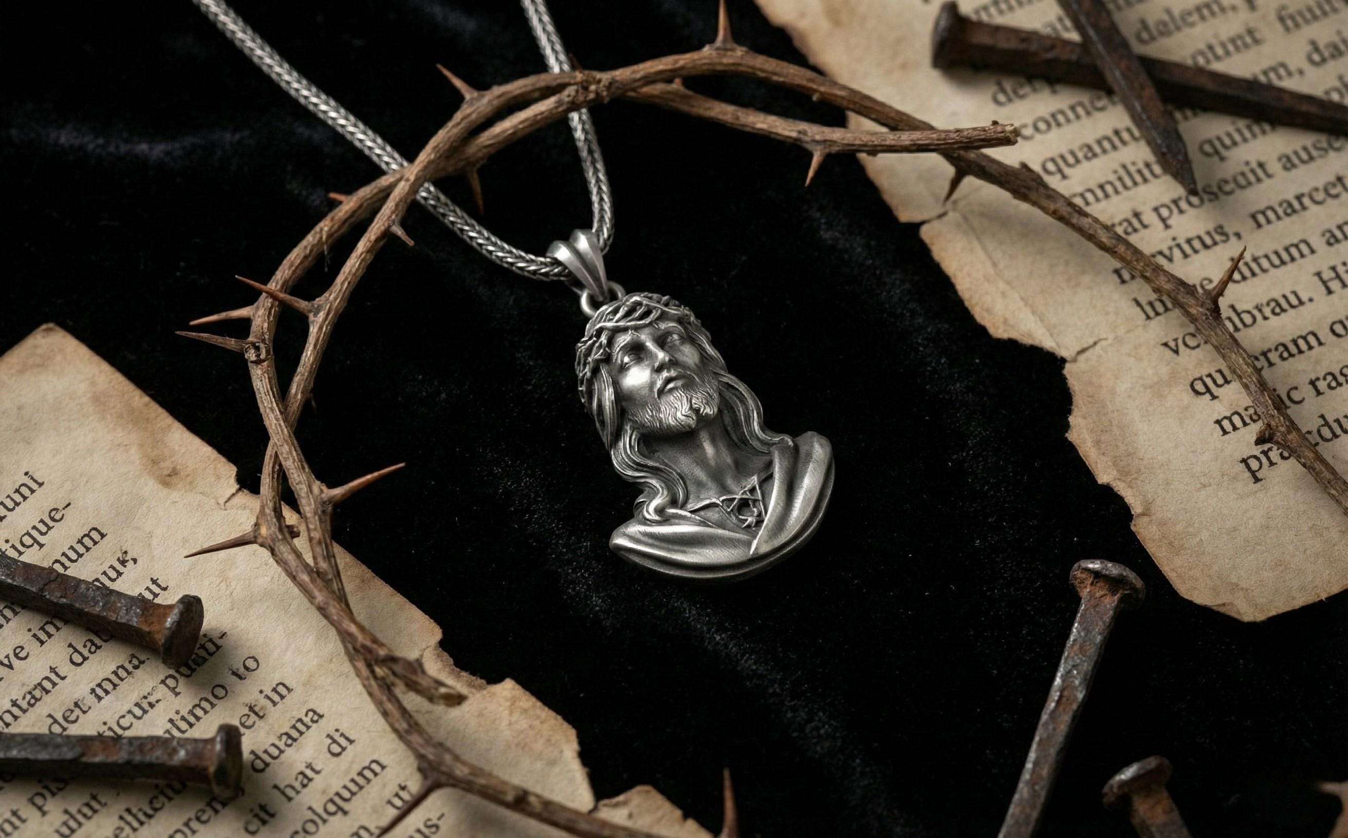 Antik Gümüş İsa Büstü Kolye Hristiyan Dini Madalyon Takı