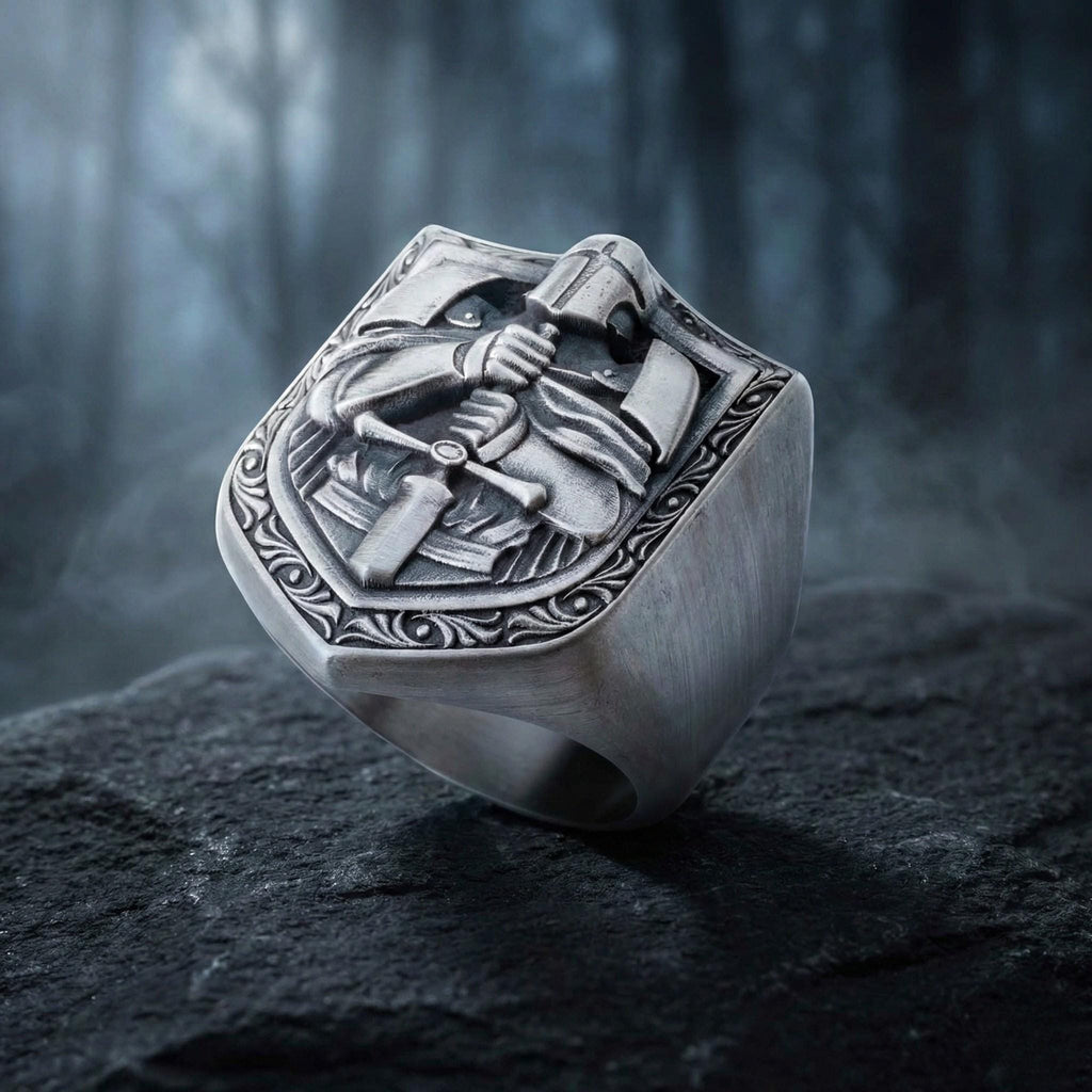 A silver ring with an intricate design featuring a shield-shaped motif, possibly a symbol of protection or authority.