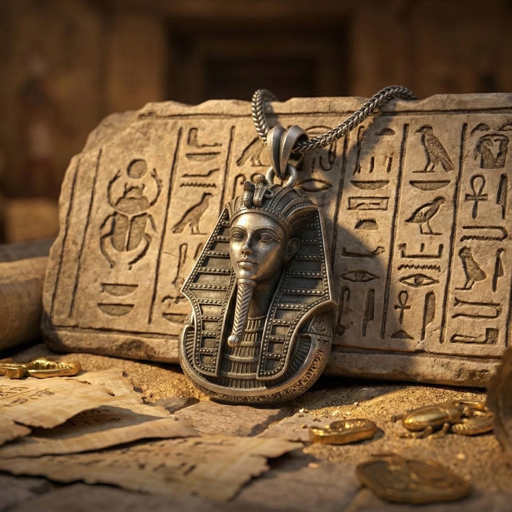 Mısır Firavunu Kolye Ucu, Oksitlenmiş Gümüş Antik Mısır Temalı Takı