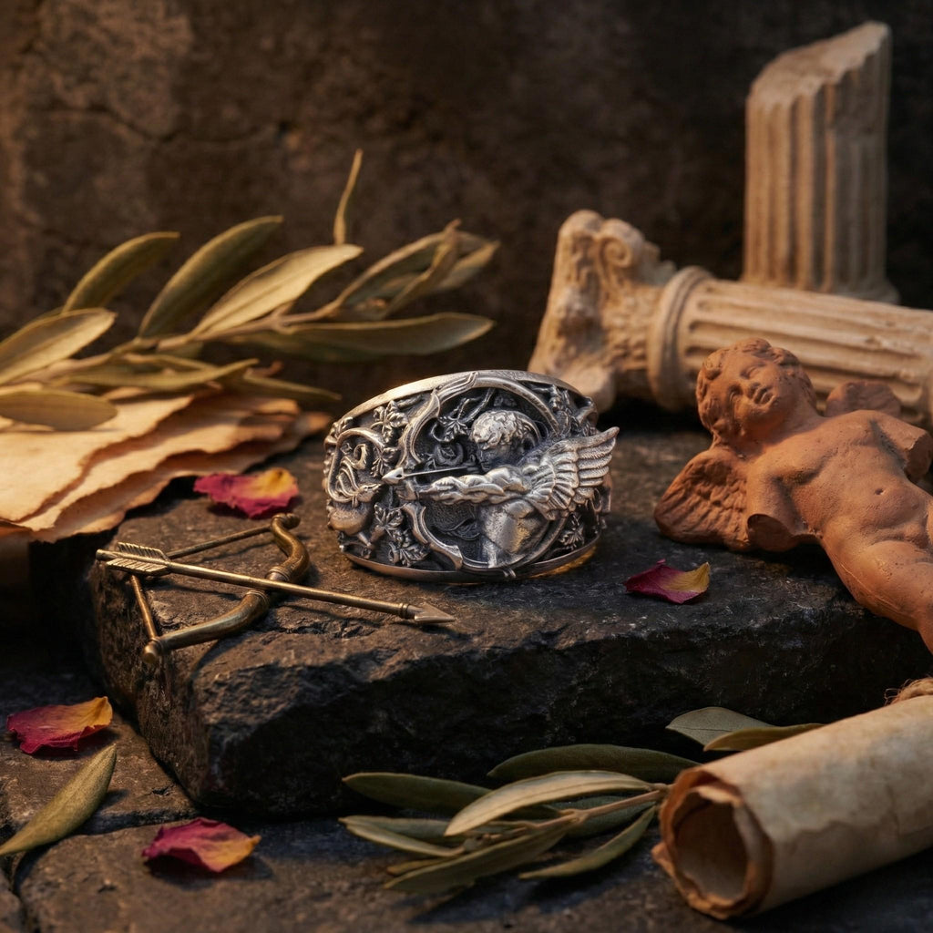 a silver ring with a winged design, surrounded by various objects such as a stone, a statue, and some dried leaves.