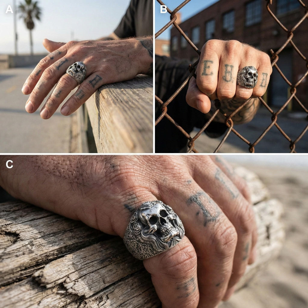 A collage of three images showing a person's hand wearing a large skull ring, with tattoos visible on the fingers.