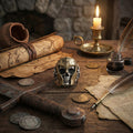 a collection of antique items, including a map, a candle, a sword, a skull, and coins, arranged on a wooden surface.