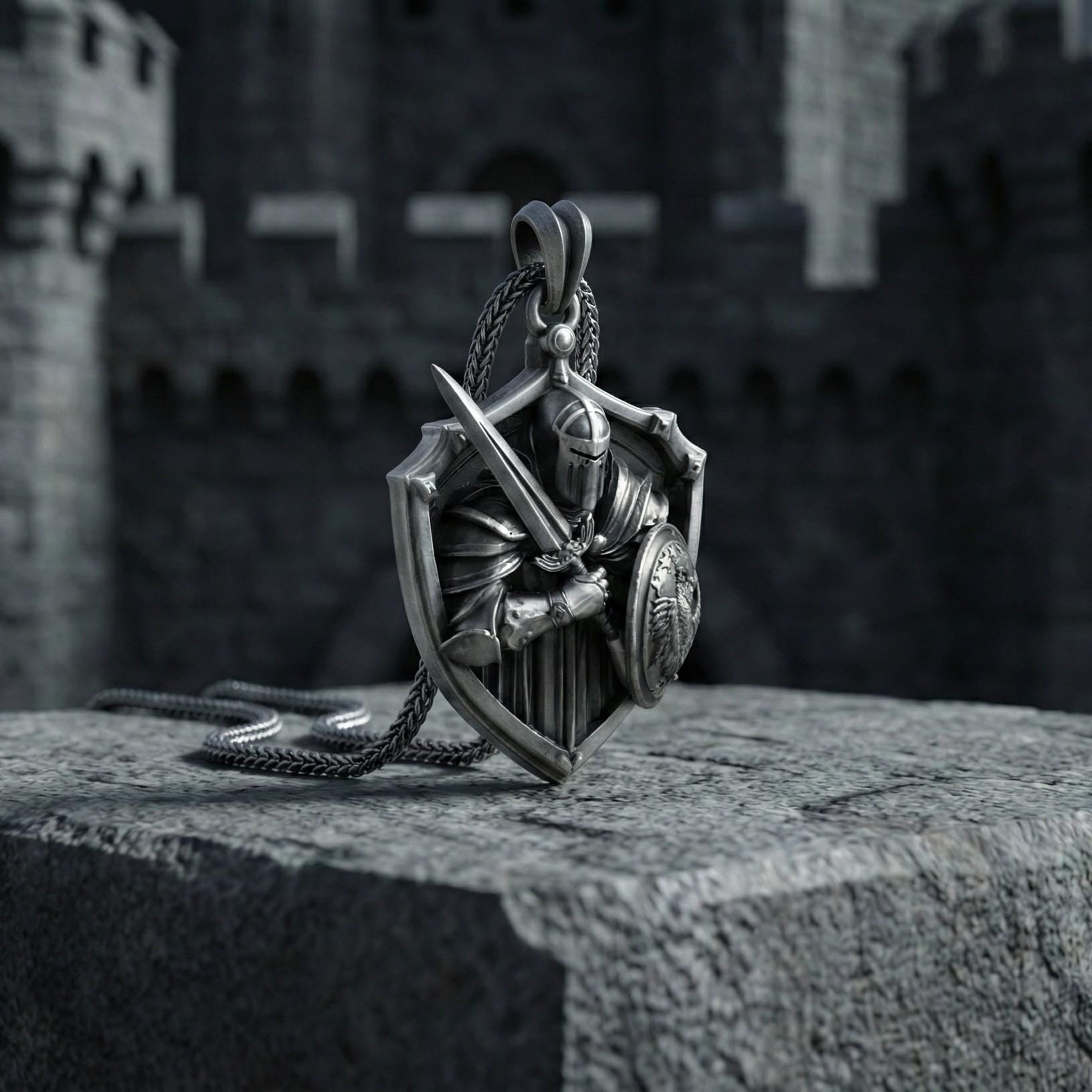 Şövalye Kalkanı Gümüş Kolye Ortaçağ Savaşçı Takısı