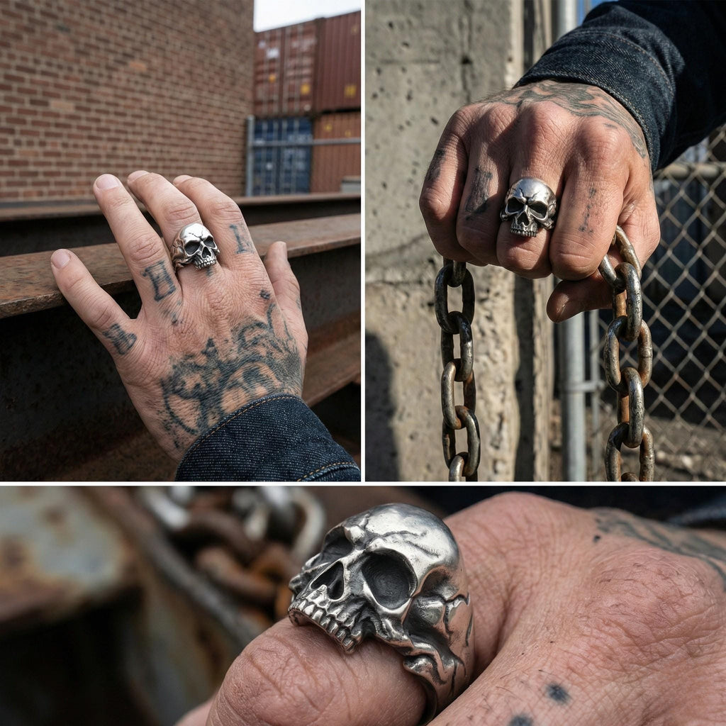 A person's hand wearing a skull ring and holding a chain, with a brick wall and shipping containers in the background.